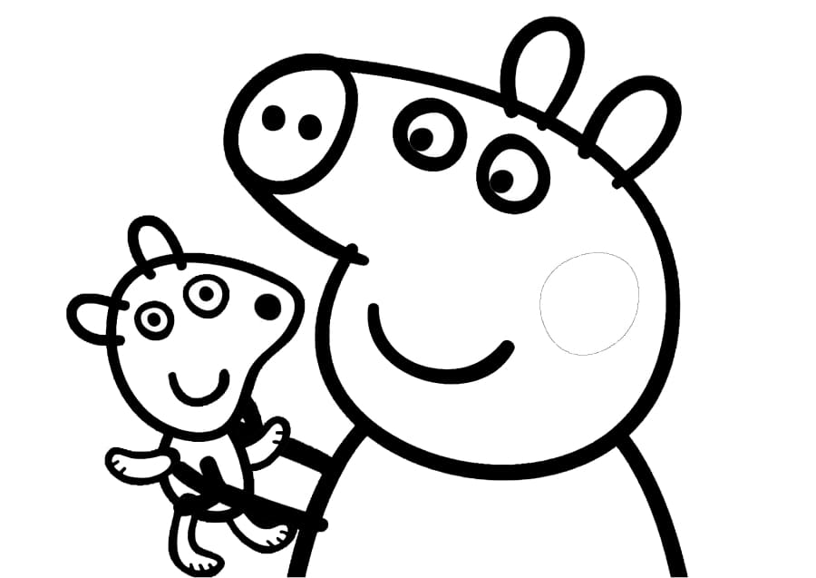 Peppa Pig is playing with a toy bear